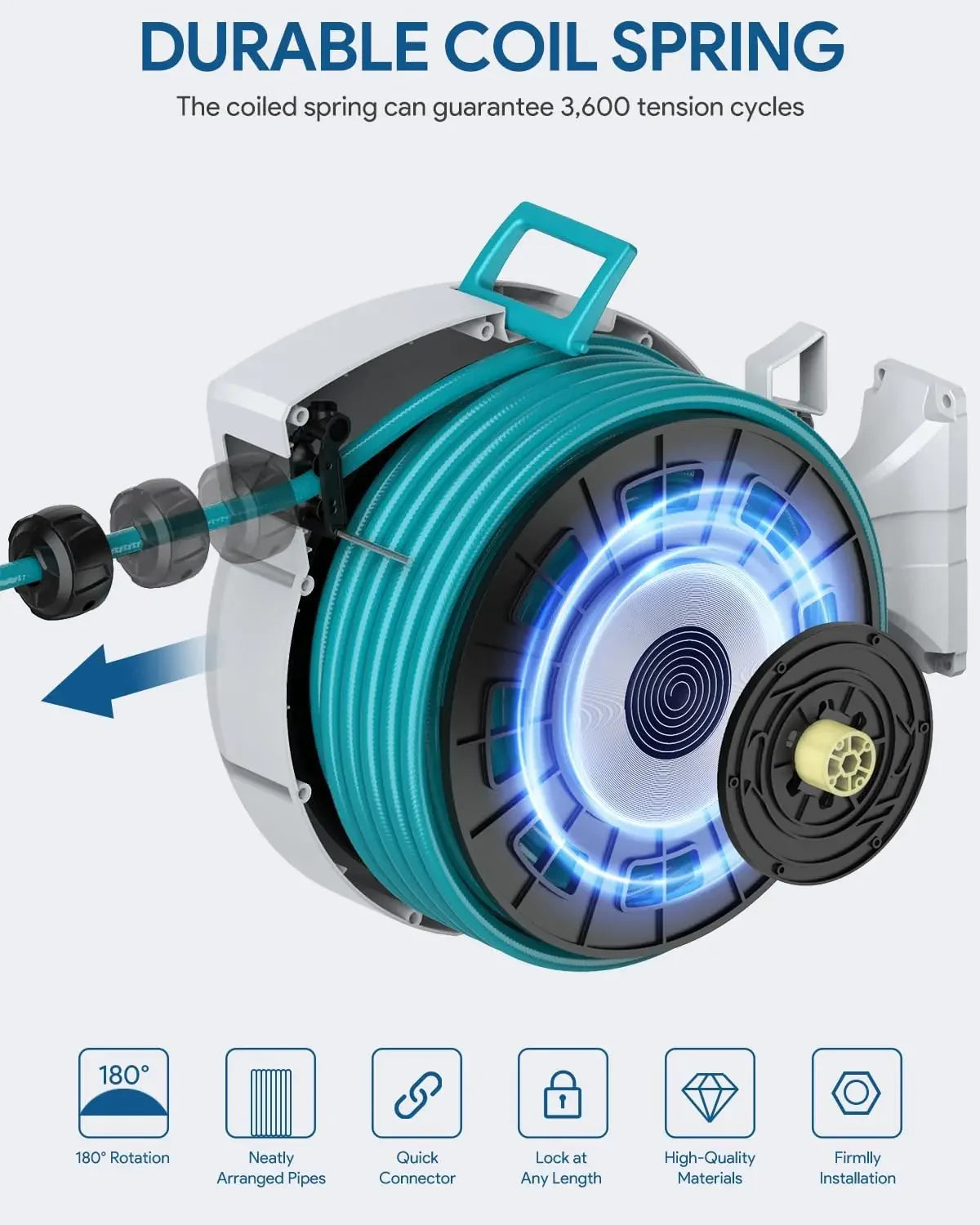 Retractable Garden Hose Reel with Wall Mount 5/8"×66FT with 10 Pattern Hose Nozzle, Brass Connector, Auto Rewind/Any Len